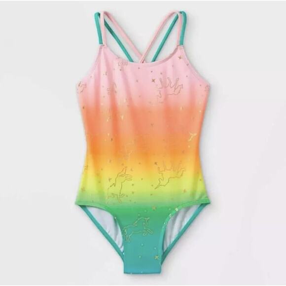 Cat & Jack Rainbow Ombre Unicorn Stars Strappy One Piece Swimsuit Size L 10/12 - Picture 1 of 5